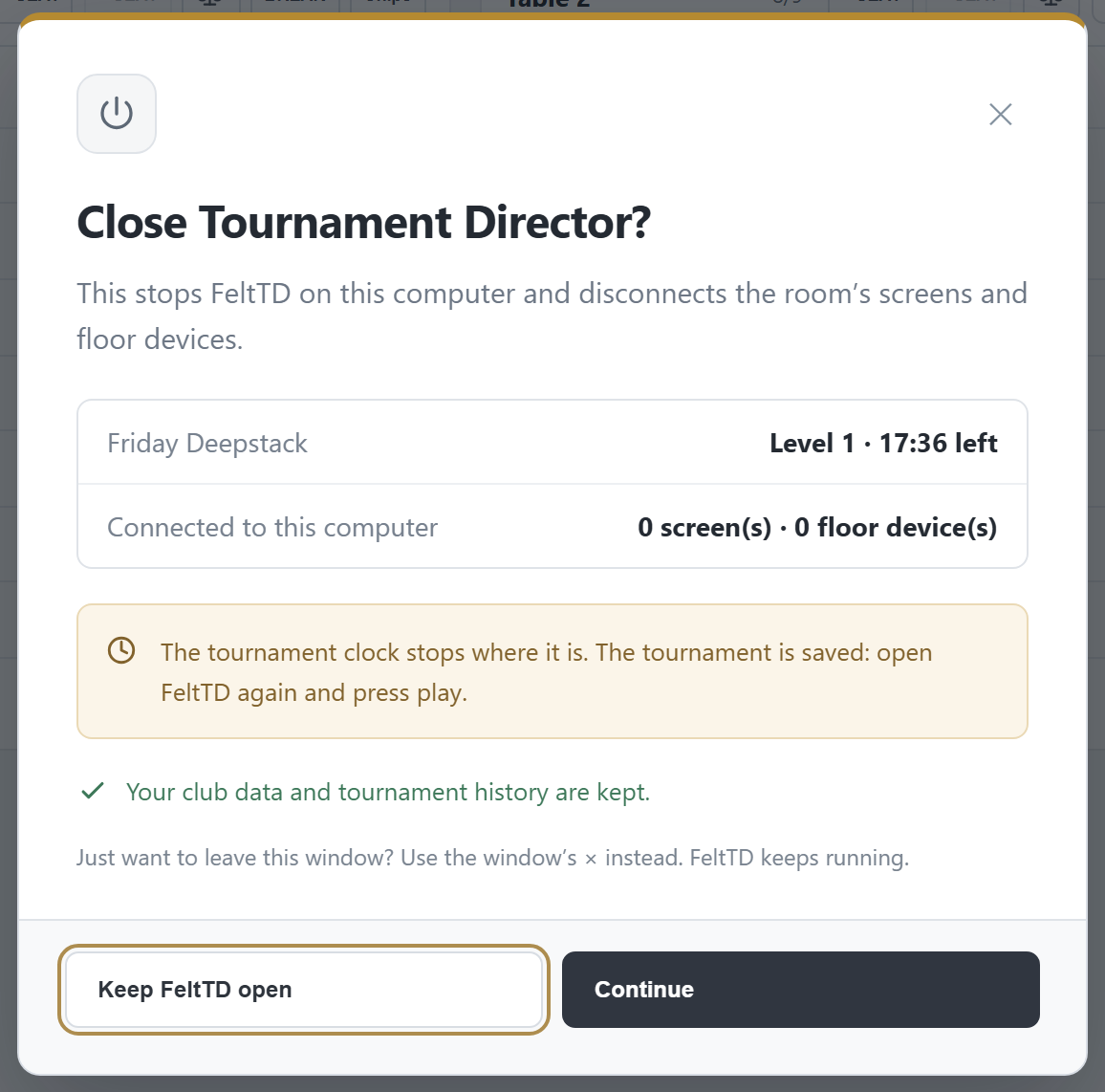 The Close Tournament Director dialog