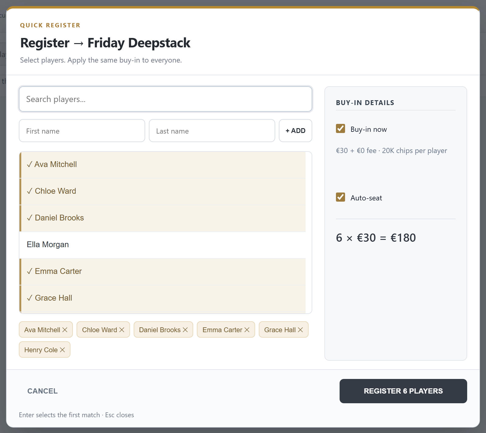 The Quick register dialog