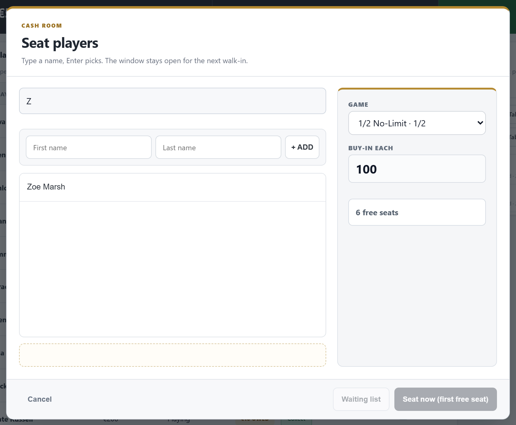 Seat players: a search for players, the game, the buy-in each, and buttons to seat them or put them on the waiting list