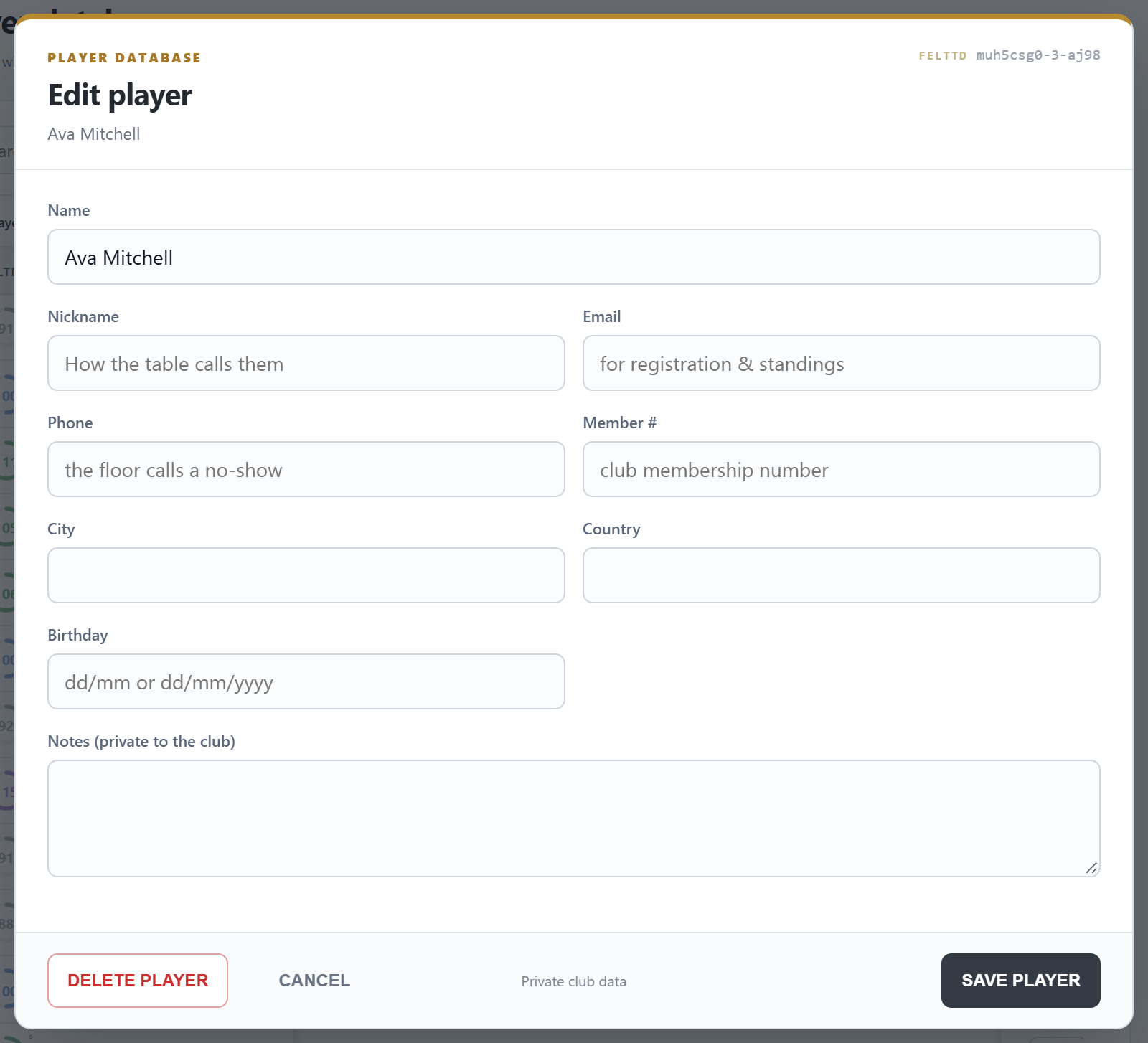 Edit player: name, nickname, email, phone, member number, city, country, birthday and notes