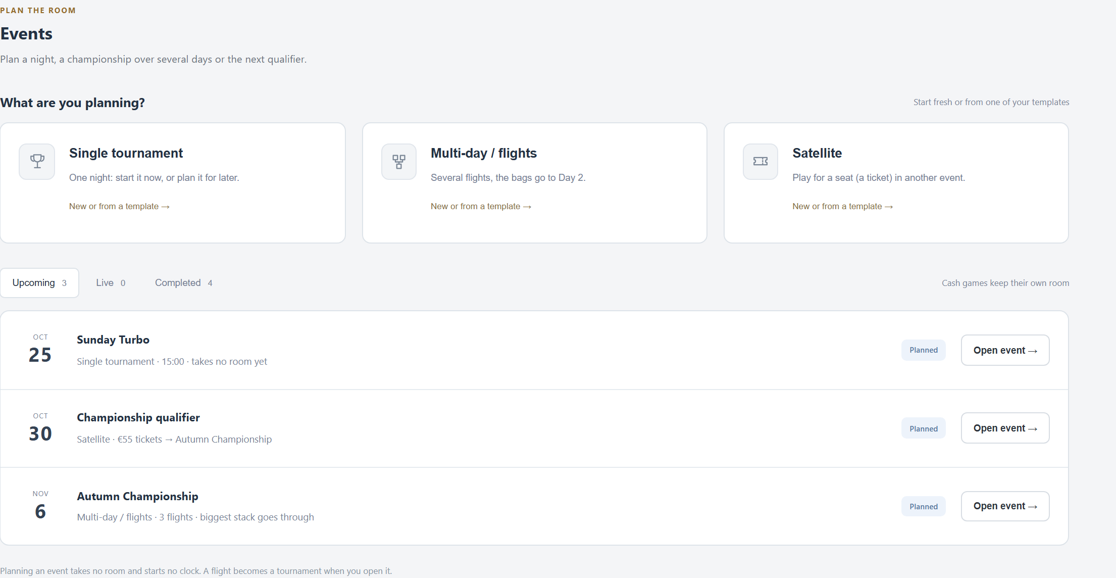 The Events tab: Single tournament, Multi-day / flights and Satellite, with three planned events