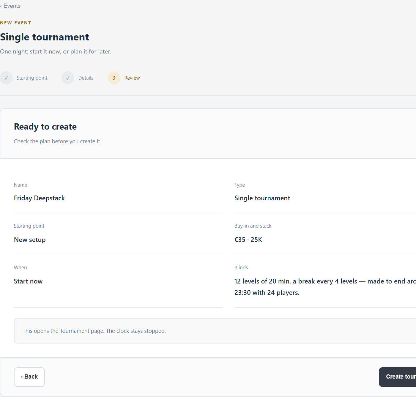 Ready to create: the plan, with Create tournament