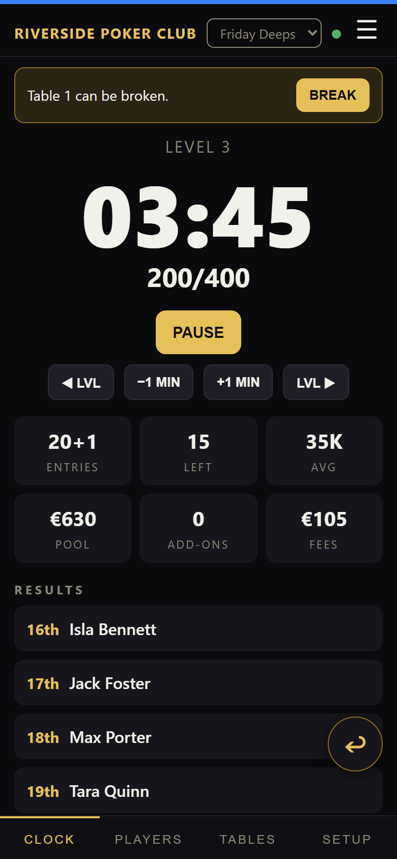 The Clock tab on the phone: level, time, blinds, the clock buttons, entries, players left, average and pot