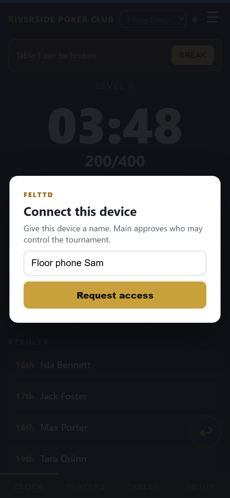 The floor phone asking for access: a name for this device and Request access