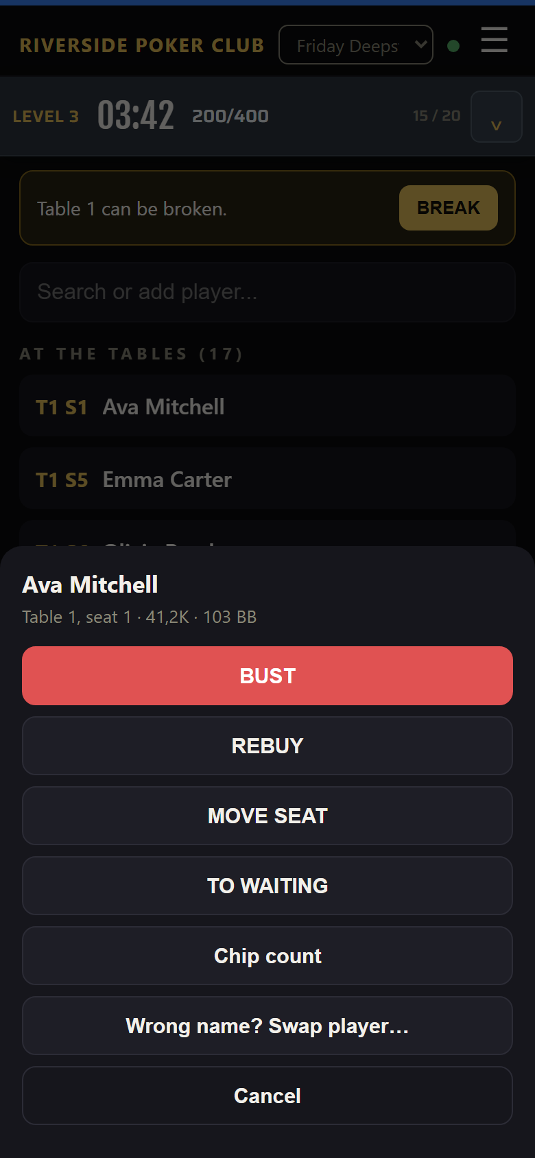 A player opened on the phone: Bust, Rebuy, Move seat, To waiting, Chip count and Swap player