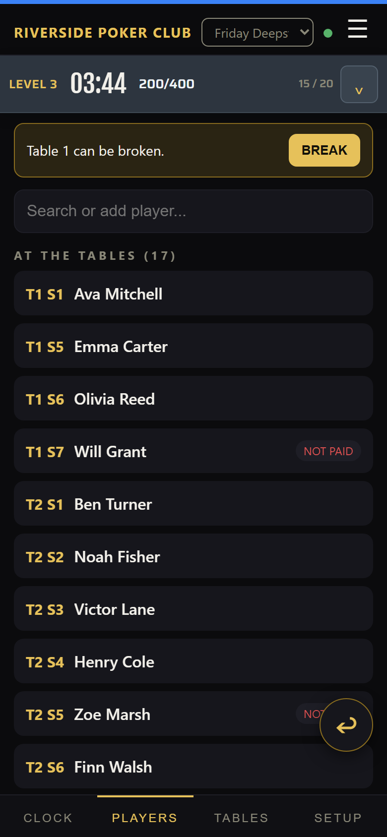 The Players tab: a search, players waiting for a seat, players at the tables with their seat, and busted players