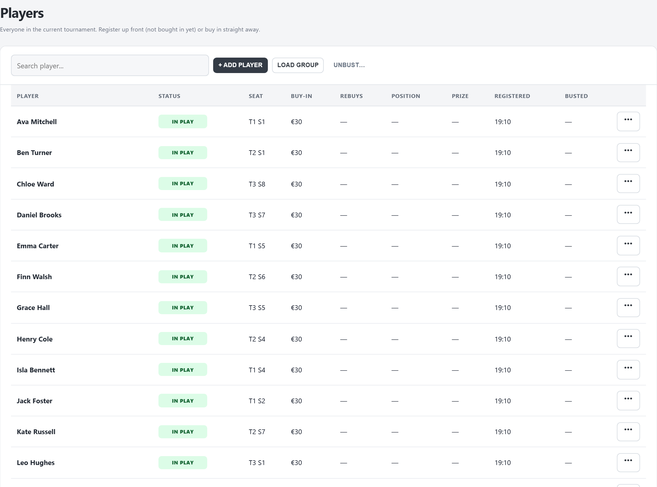 The Players tab: search, ADD PLAYER, LOAD GROUP, UNBUST and the list of players
