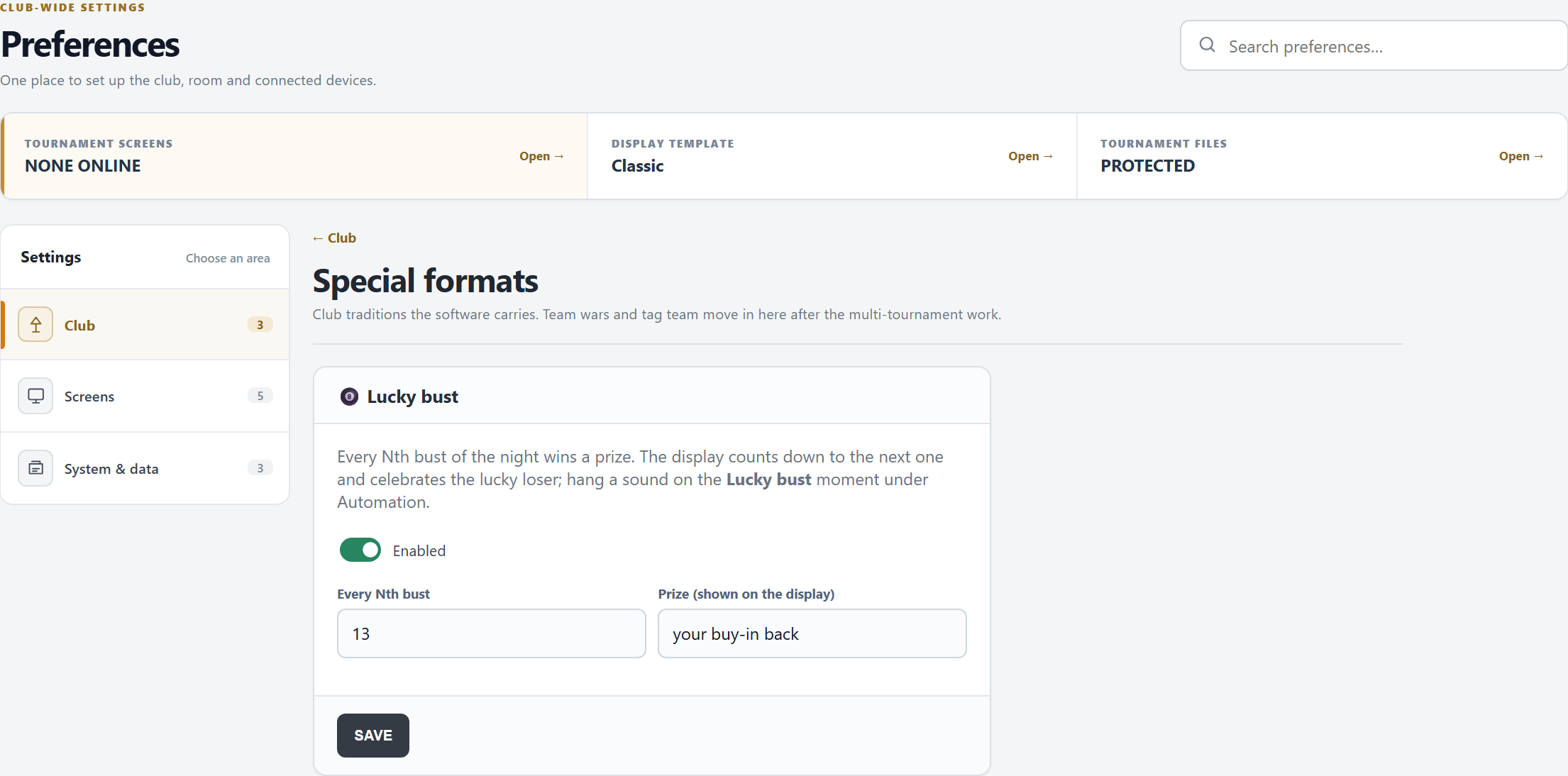 Special formats: Lucky bust, enabled, every 13th bust, the prize