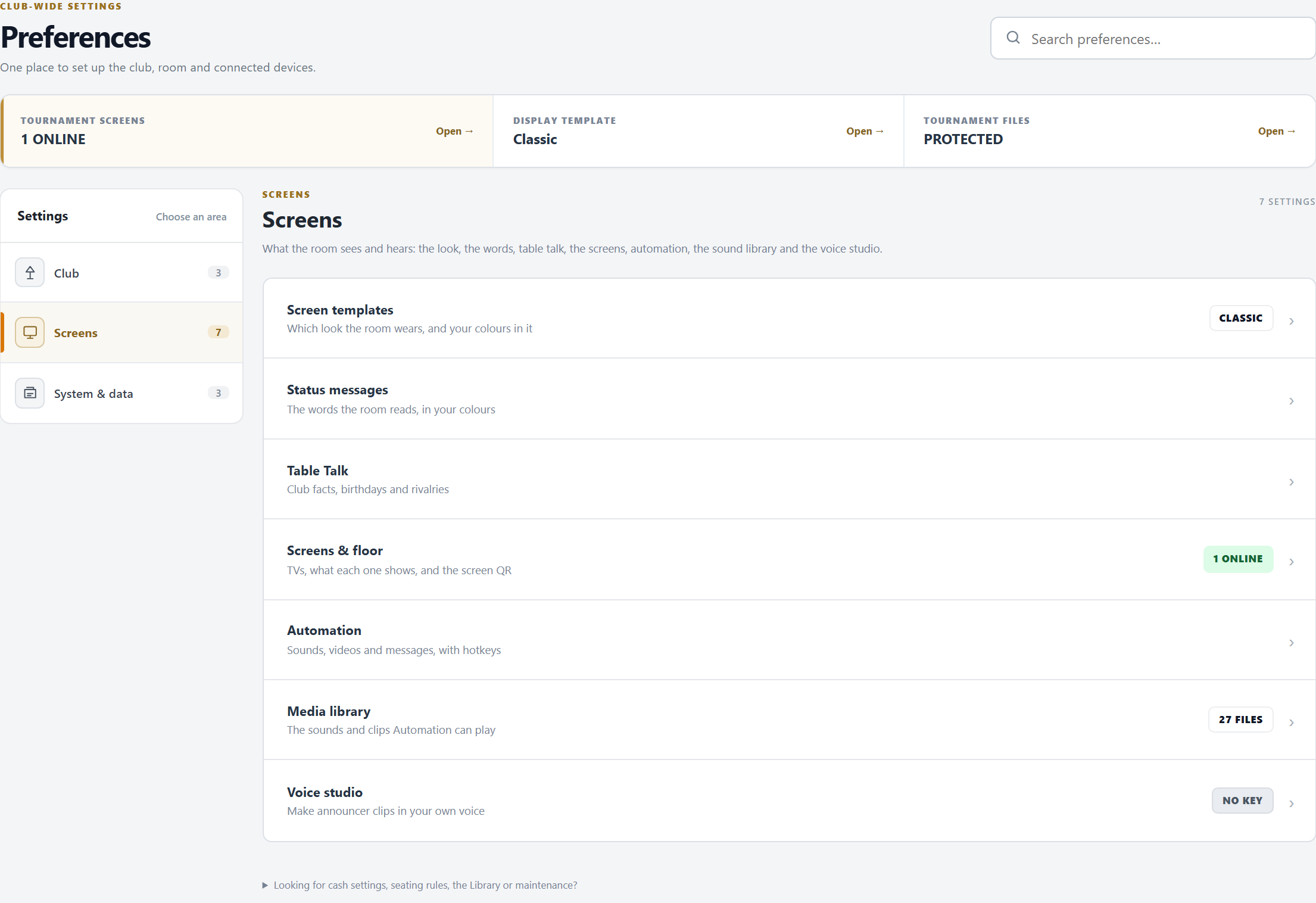 Preferences: three shortcuts on top, the areas Club, Screens and System and data on the left, the settings of the chosen area on the right