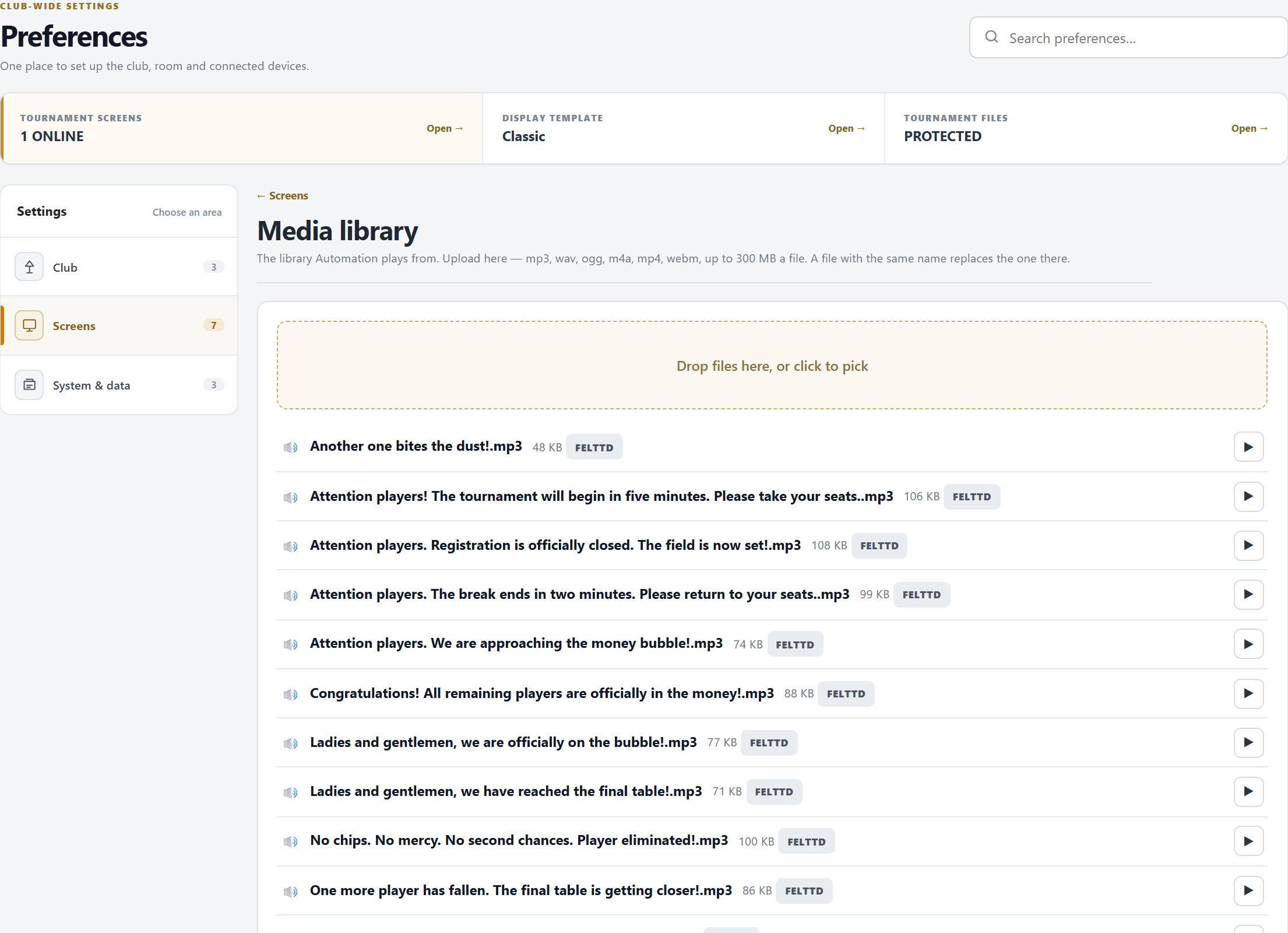 Media library: drop files to upload, the list of sounds with play and delete