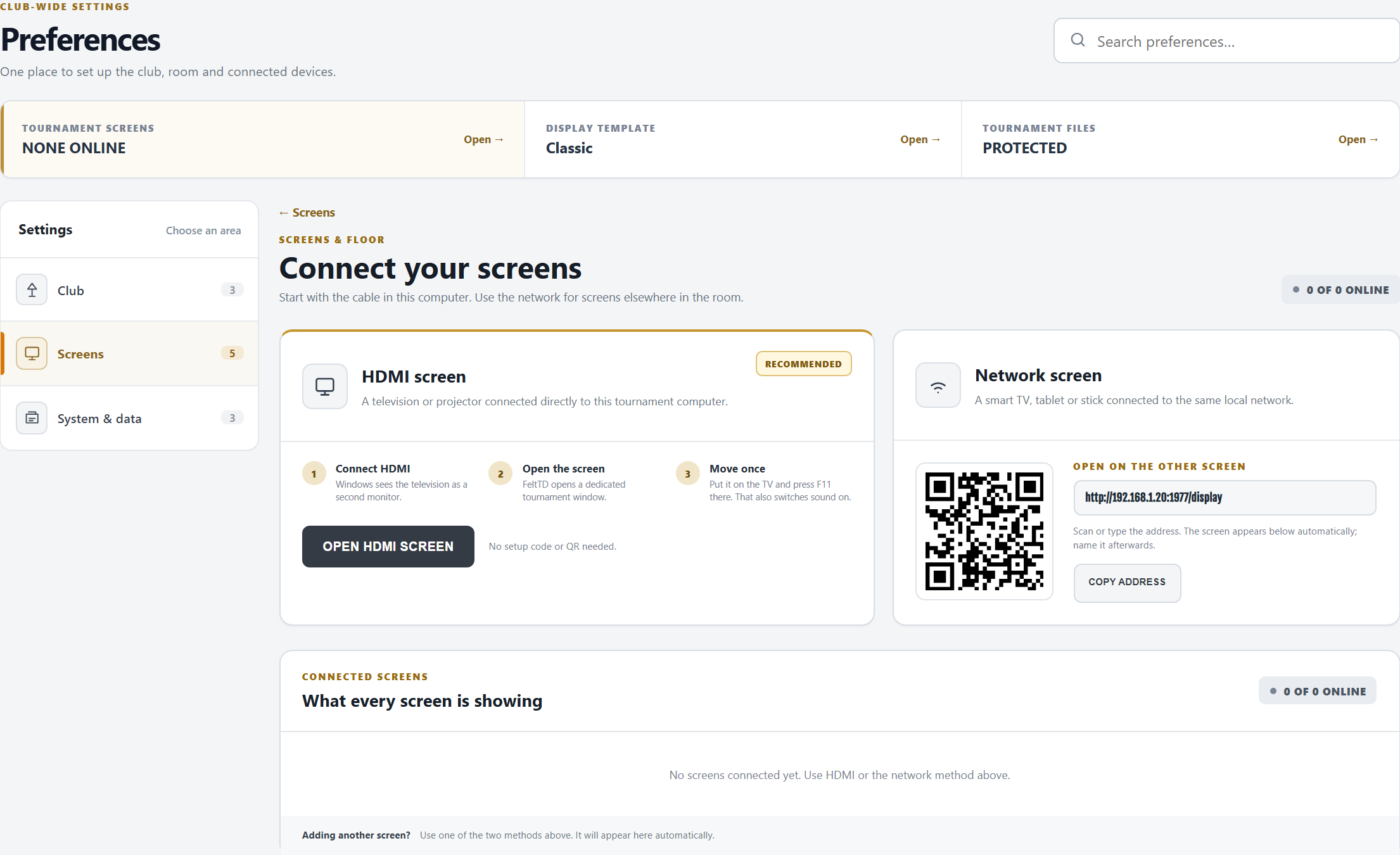 Screens and floor: the HDMI screen, a network screen with its QR, and the connected screens with what each one shows