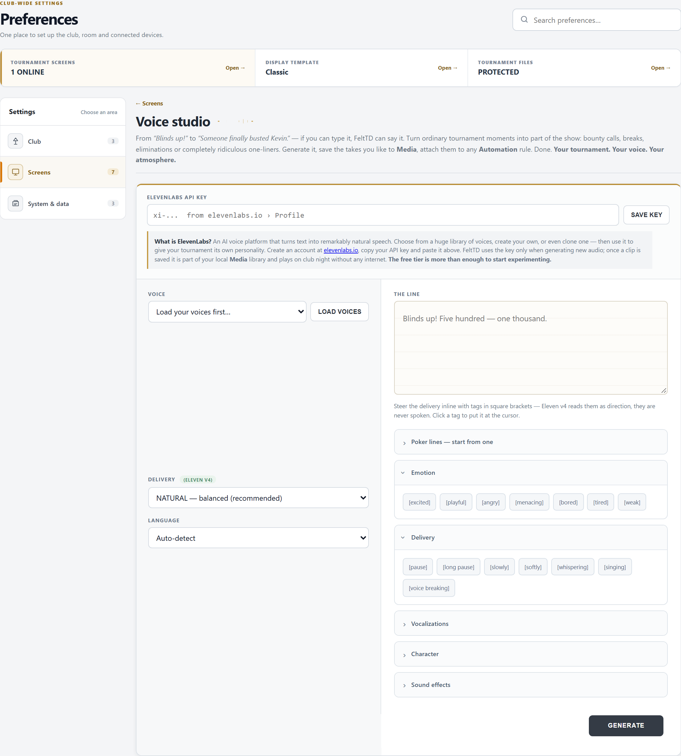 Voice studio: the ElevenLabs key, the voice, delivery and language, the line with its tags