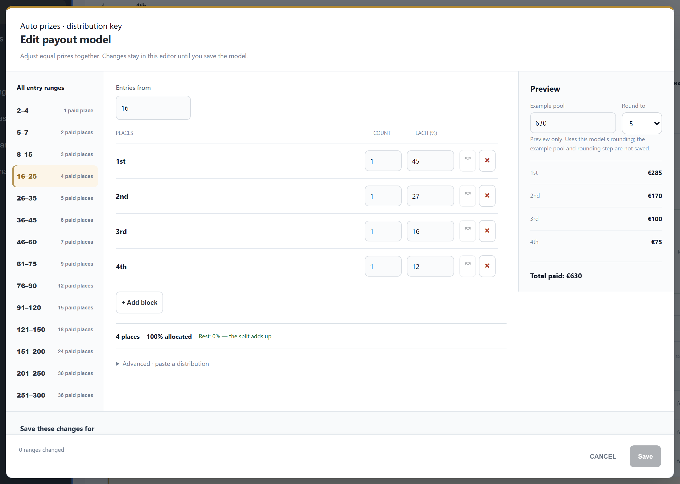 Edit payout model: the ranges on the left, the places and shares in the middle, a preview on the right
