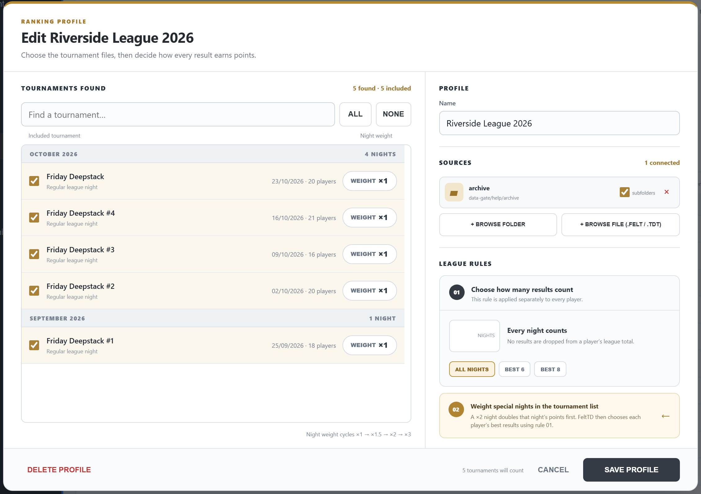 Edit ranking profile: the sources, the tournaments found, the league rules and the points