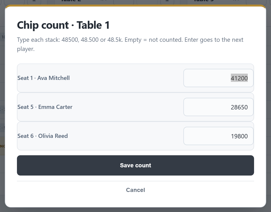 Chip count for table 1: one field per player
