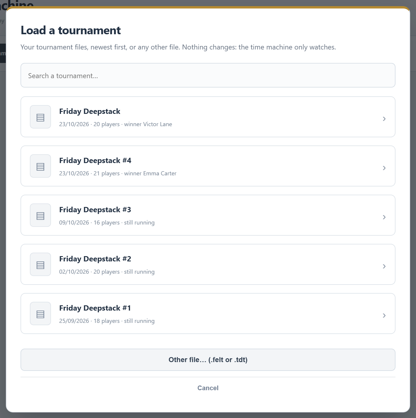 Load a tournament: the club's tournament files, newest first