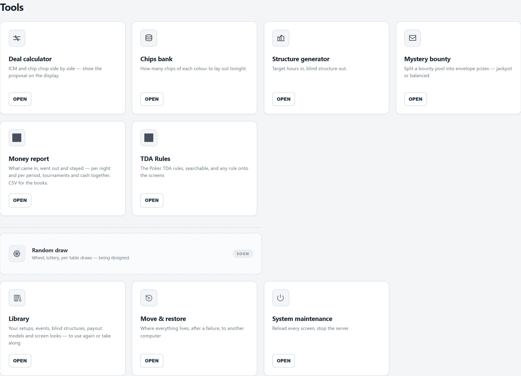 The Tools page: a tile per tool