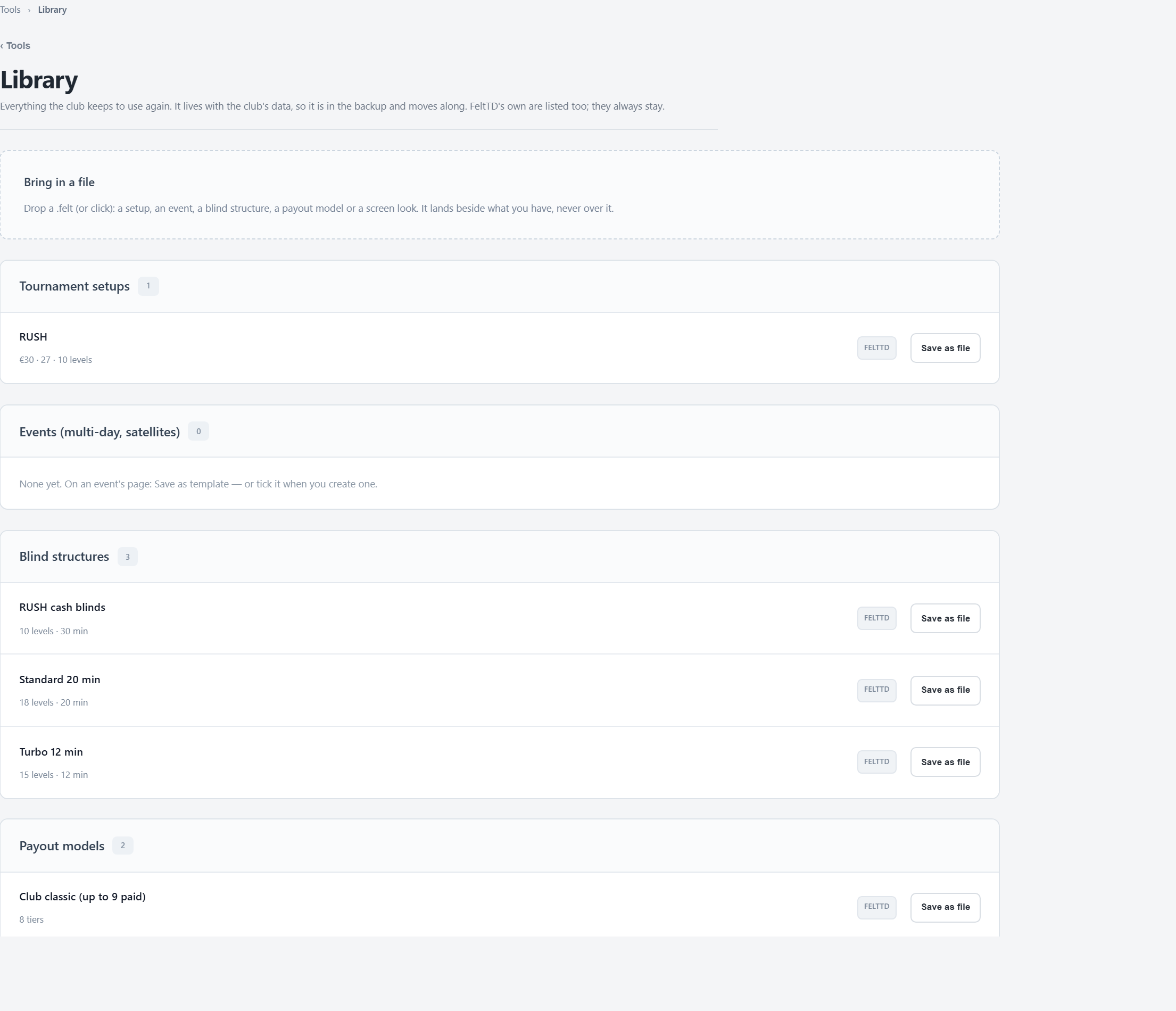 The Library: tournament setups, events, blind structures, payout models and screen looks