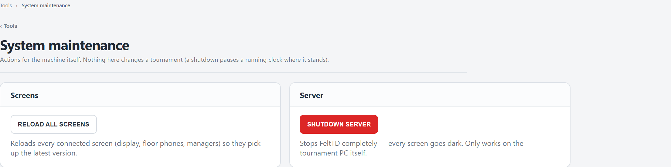 System maintenance: reload all screens, shutdown server