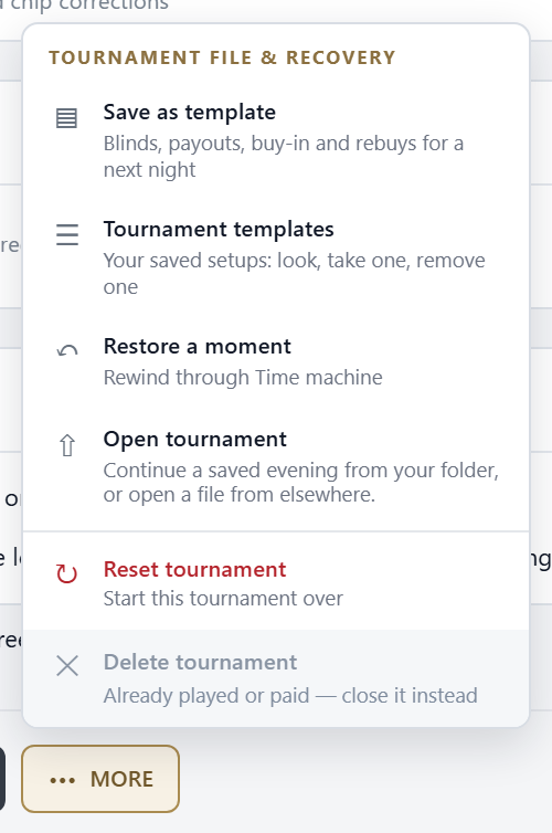 The MORE menu: tournament file and recovery