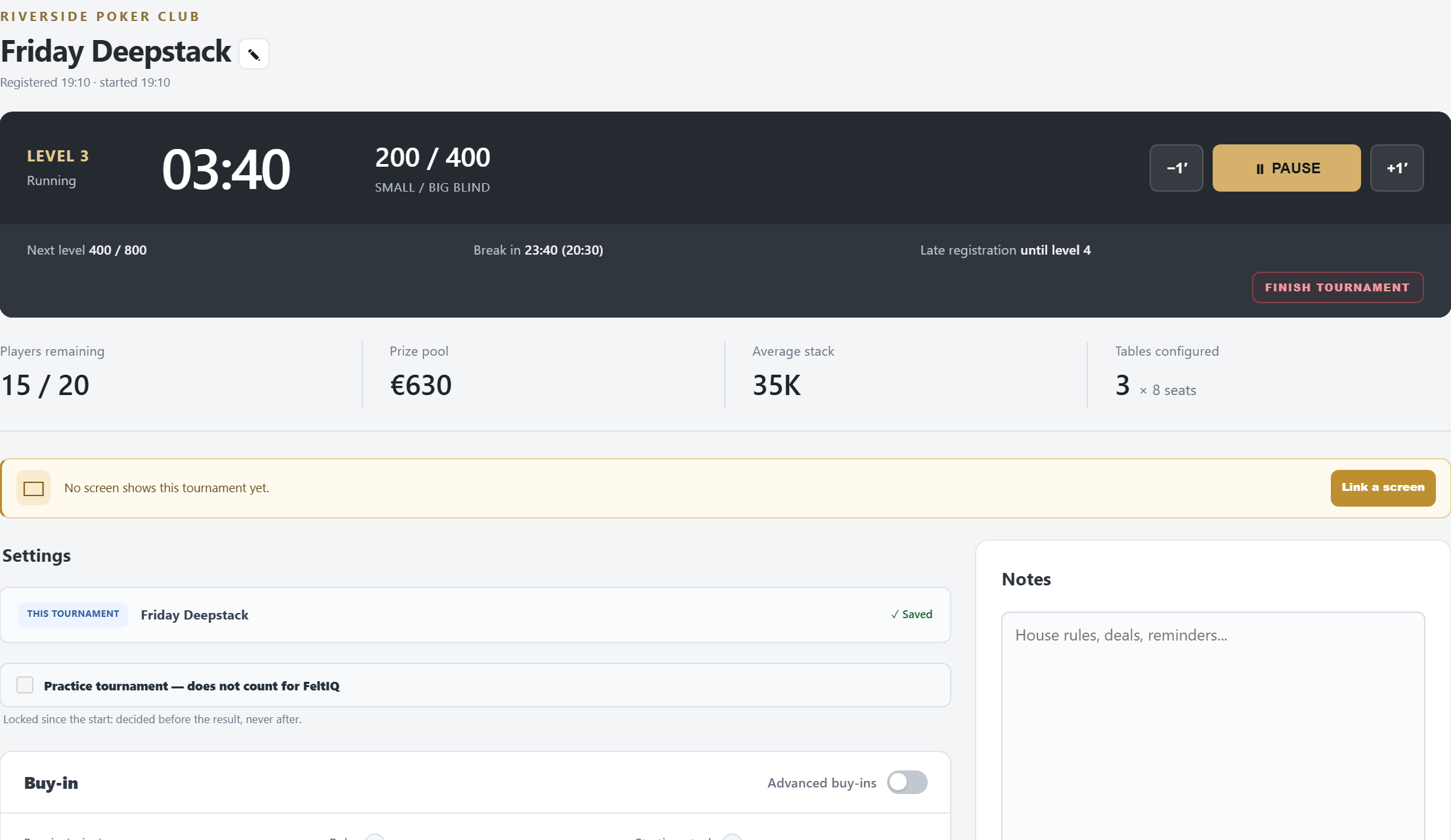The Tournament tab while it runs: the clock, players remaining, prize pool, average stack