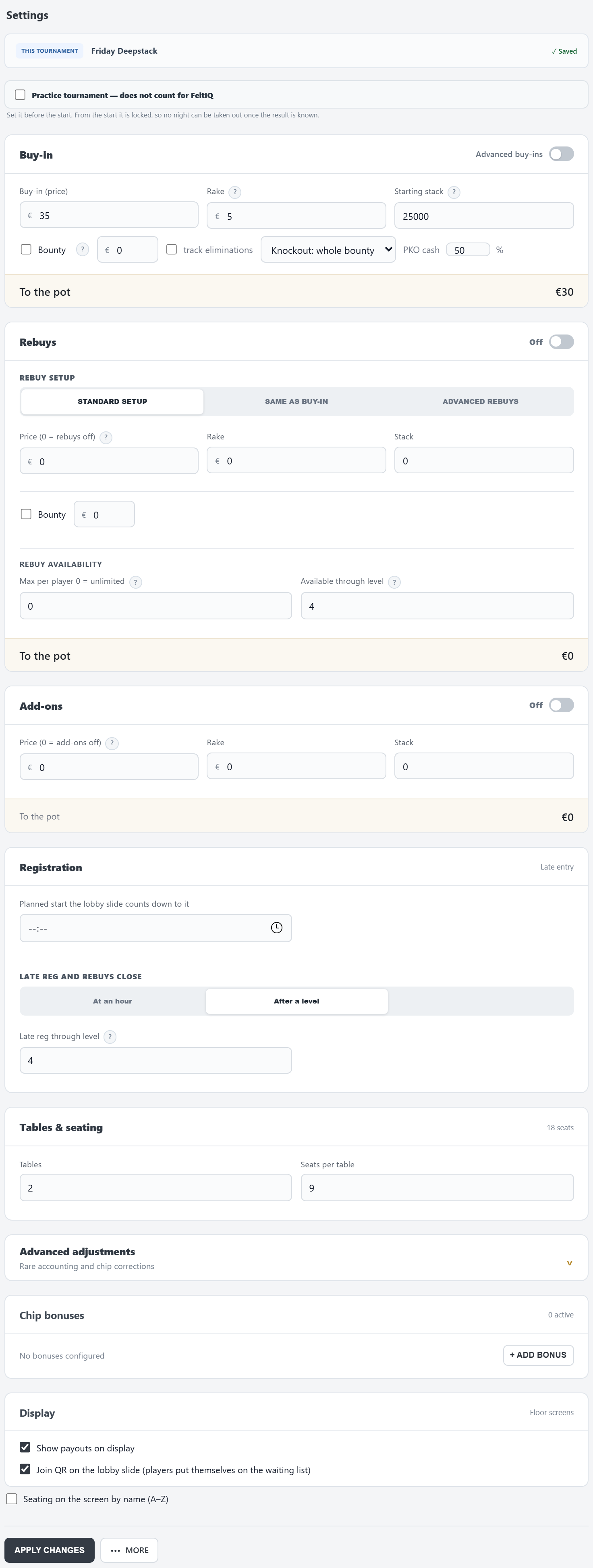 The Settings card: buy-in, rebuys, add-ons, registration, tables, adjustments, chip bonuses and display