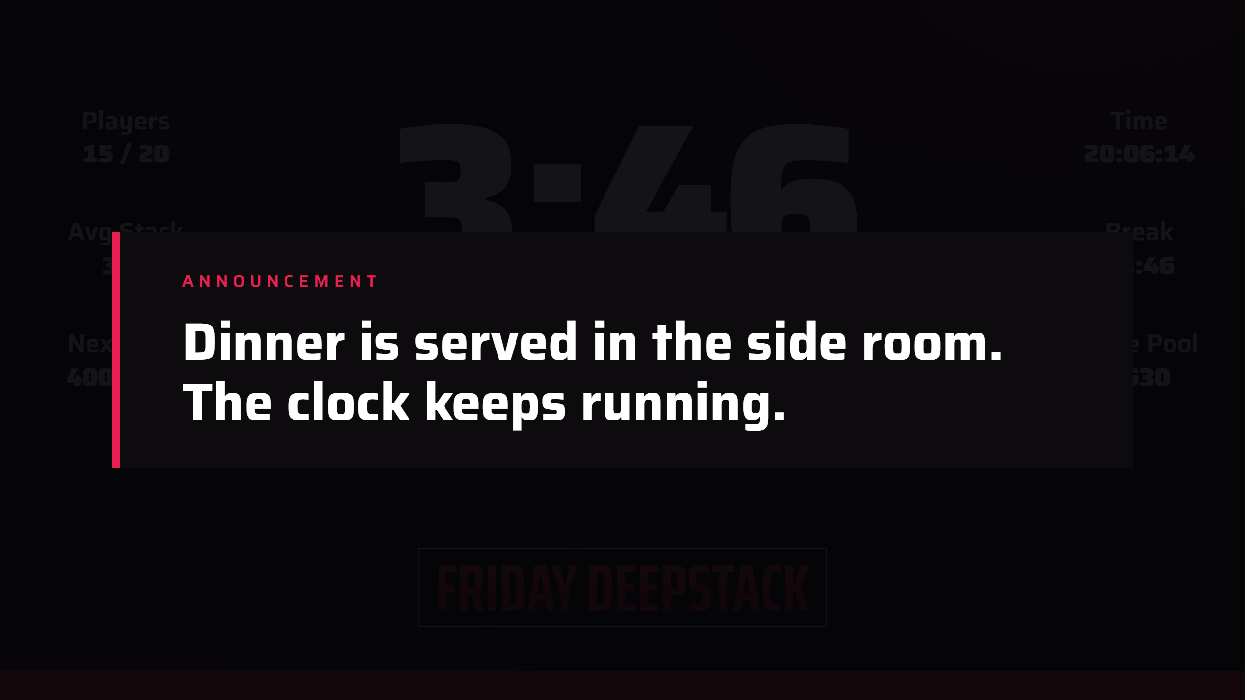 An announcement across the TV: Dinner is served in the side room