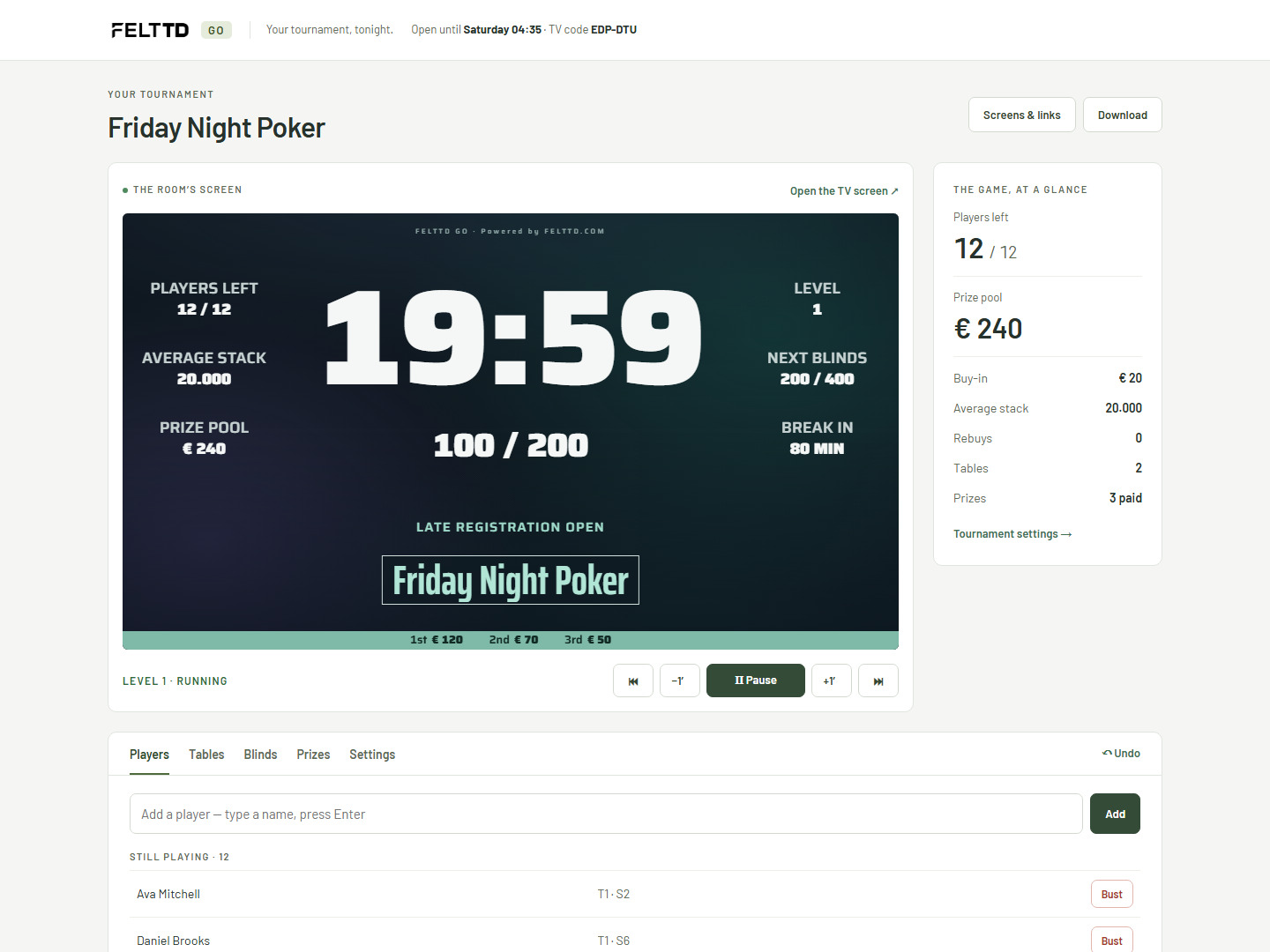 The actual FeltTD Go manager: the Go badge, TV preview, clock controls, game figures and player actions