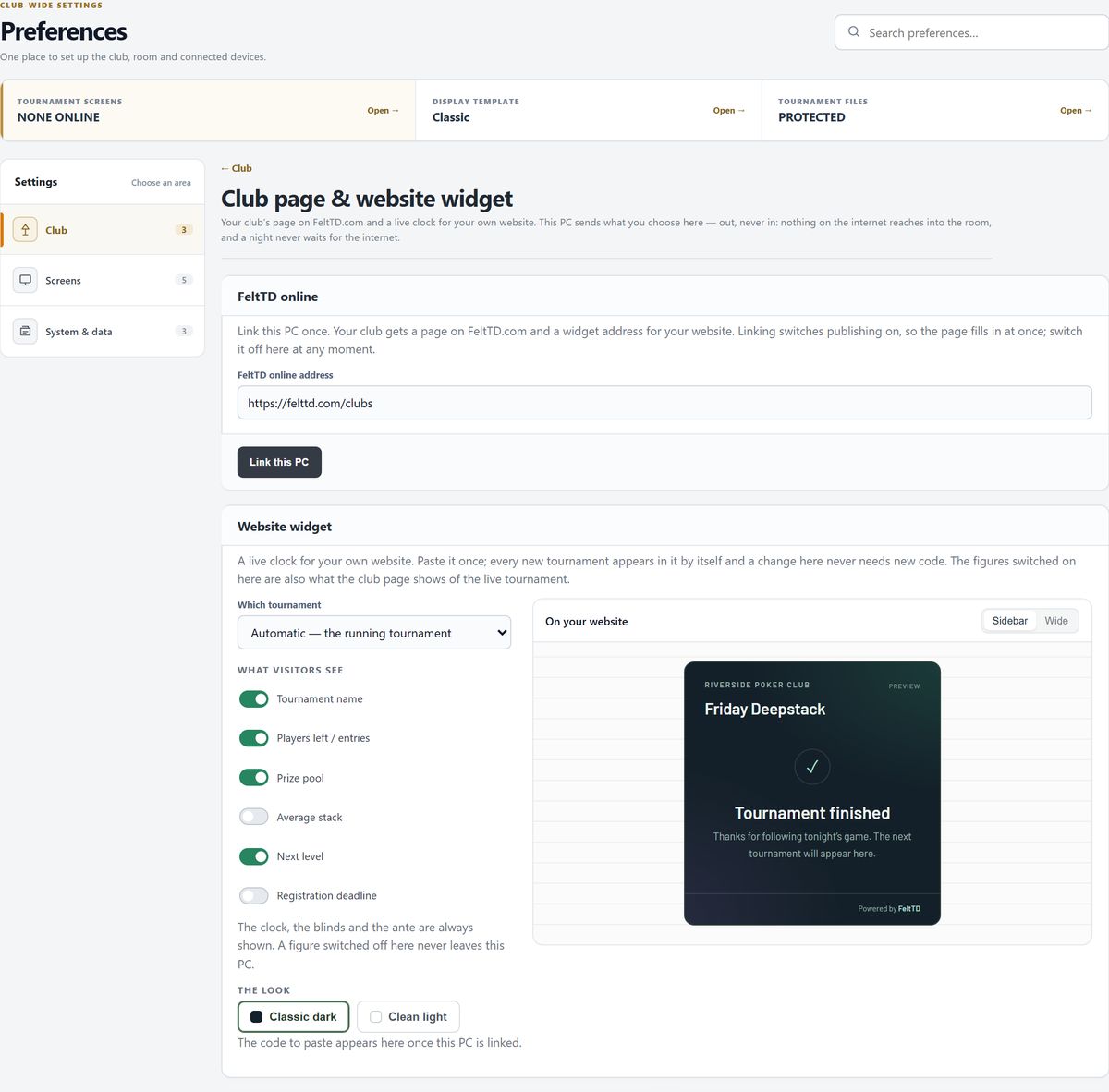 The club page and widget preferences with a clock preview